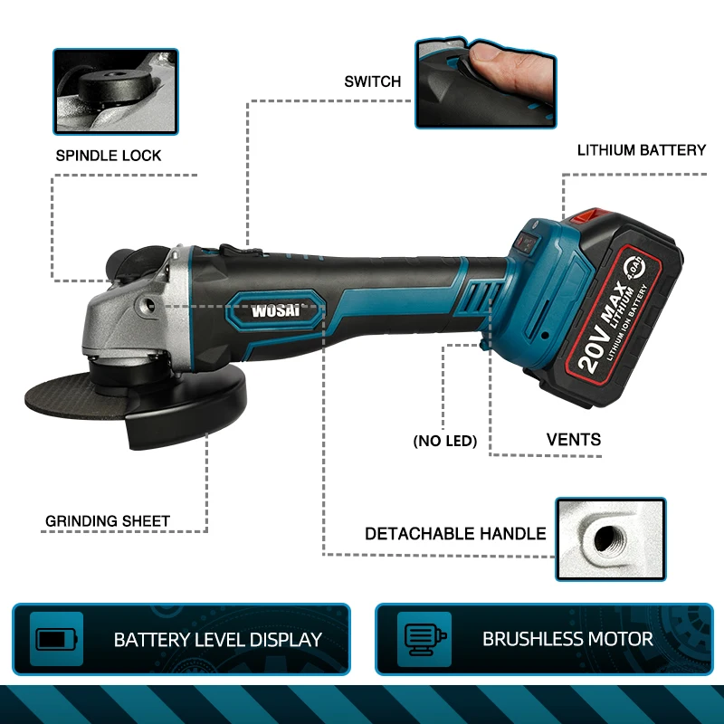 WOSAI MT Series M14 Brushless Angle Grinder 20V Lithium-Ion Battery Machine Cutting Cordless Electric Angle Grinder Power Tools 2