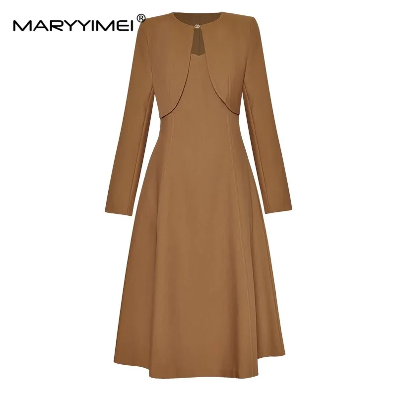 

MARYYIMEI Fashion Spring Autumn Women's Suit Long sleeved Cardigan short jacket+Spaghetti strap dress Commuter Two-Piece Set