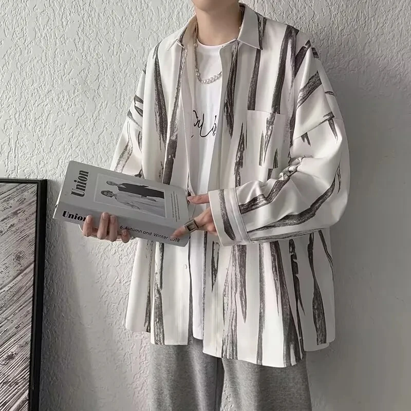 

Spring Autumn Men's Casual Loose Versatile Tops Coat Cool Boys Vertical Soft Breathable Solid Long Sleeve T-Shirt Pocket Tie-dye