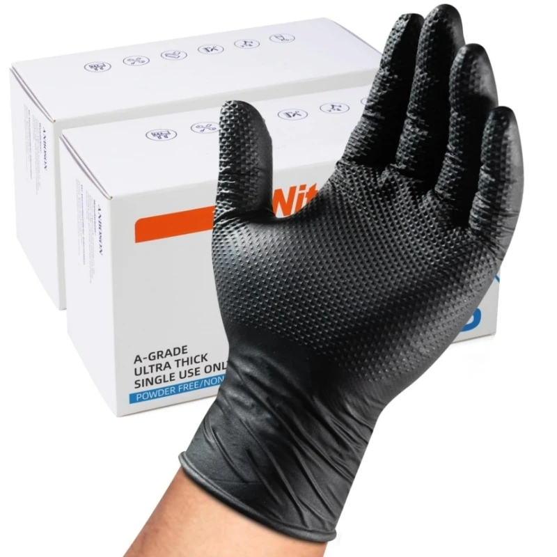 8Mil Black Nitrile Gloves Disposable Heavy Duty Industrial Gloves with Diamond Texture Latex Powder Free Mechanic Tattoo