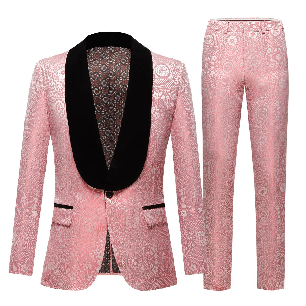 Elegant Jacquard Velvet Mens Suit Blue Shawl Collar Wedding Dress Slim Fit Jacket Pants Business Banquet Male 2 Piece Blazer Set