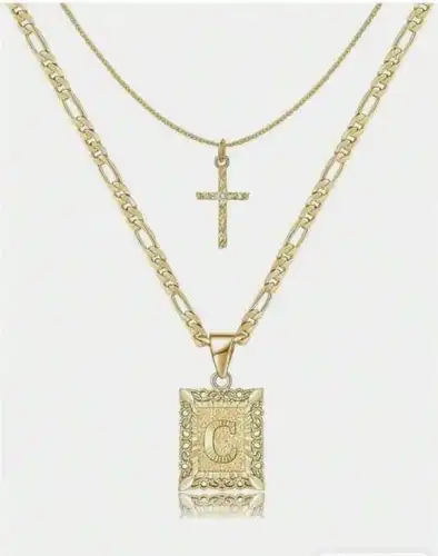 Letter Necklace Layered Initial Cross Necklace, Layering Square Letter Pendant Figaro Chain Cross Choker  for Women Girls
﻿ - Image 11