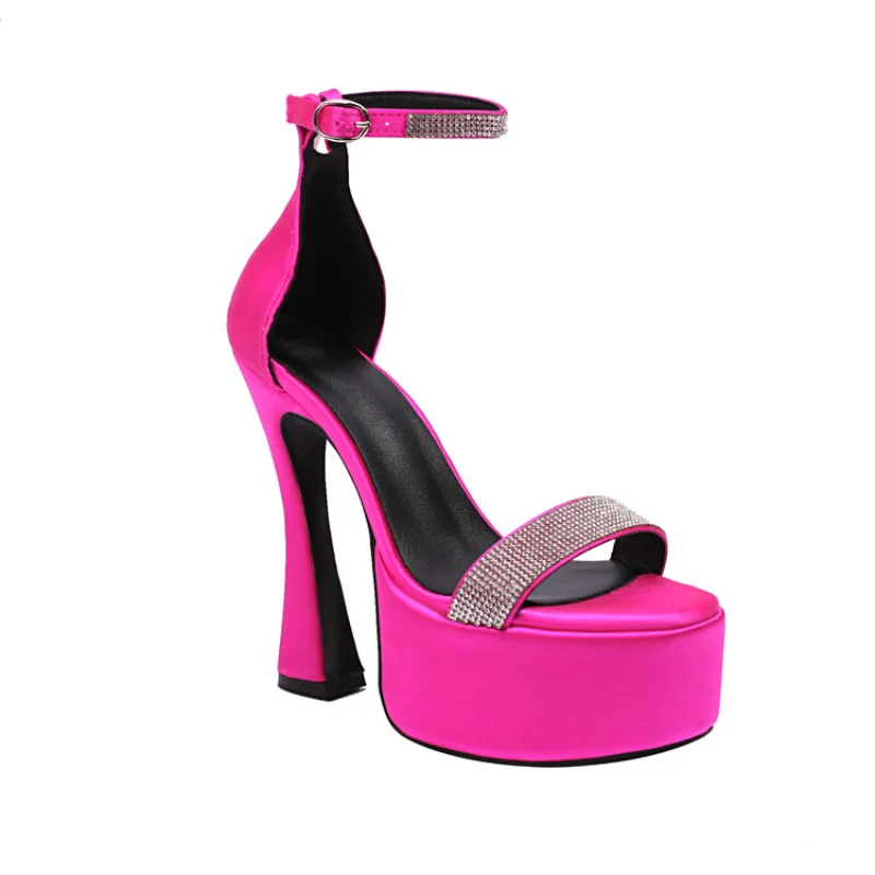 

Super Size 34-48 Women's Rhinestone Shiny Round Toe 14cm Sandals 2023 New Satin Buckle Sexy Party Sandals Summer Wedding Shoes