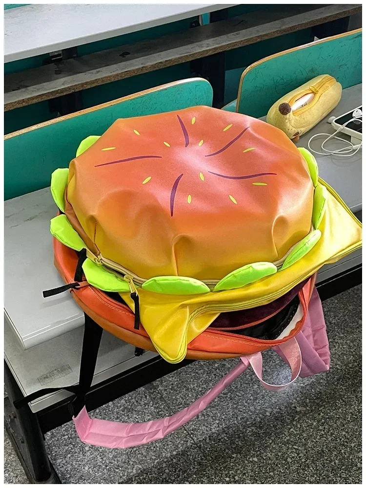 PU Stylish Hamburger Daypack Laptop Storage Zipper Portable Casual Tote Cheeseburger Backpack for Unisex Travel Outdoor Vacation