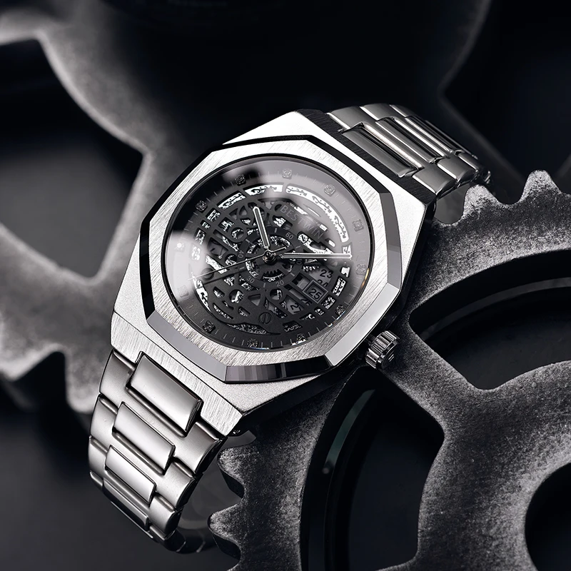 Stainless Steel Silver Luxury Brand Calendar Men Chronograph Quartz Watch Waterproof Sports Watches Relogio Masculino