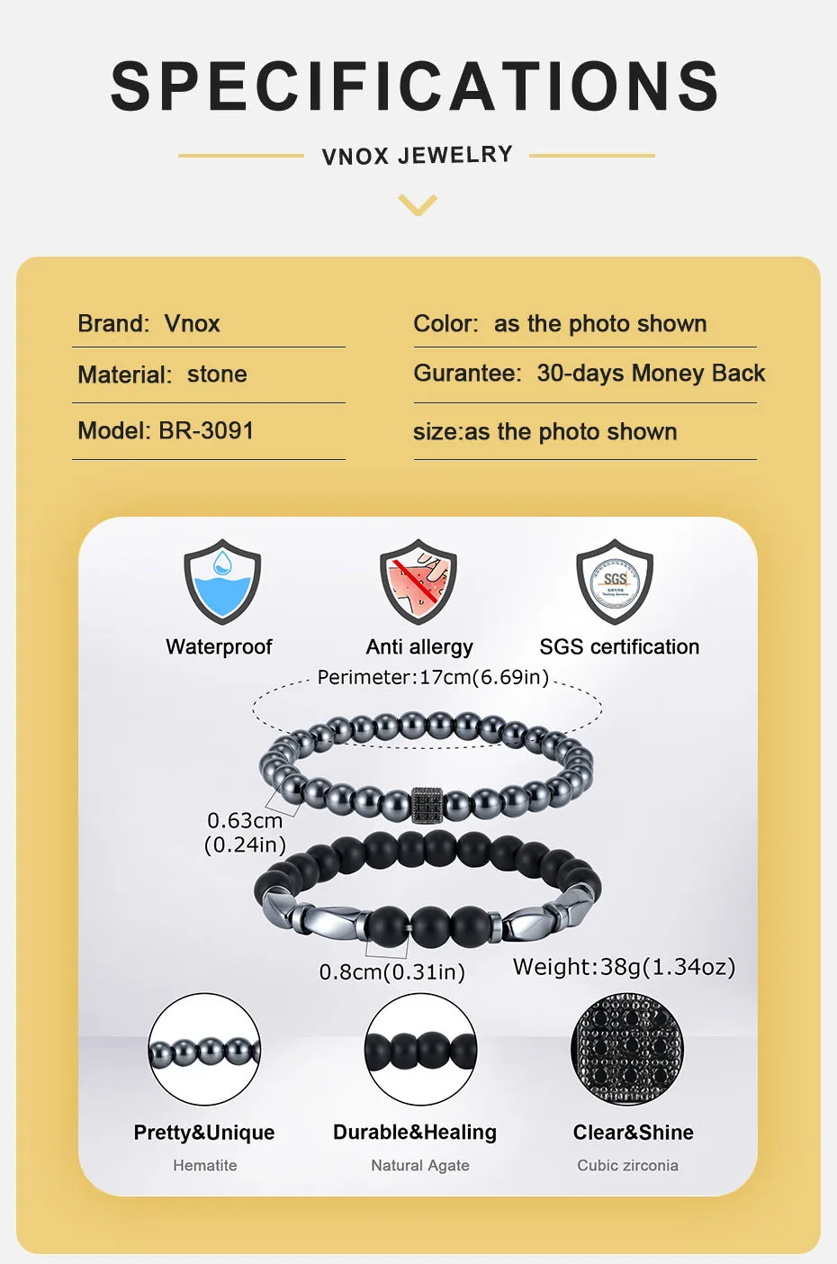 Vnox 2-teiliges Set Mattschwarzes Onyx-Hämatit Perlenarmband Set Naturstein Stretch-Armbänder Modeschmuck Geschenke für Männer Frauen – Detail 4