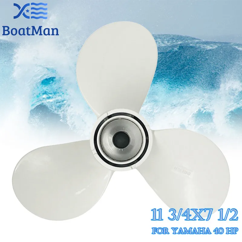 

BoatMan Outboard Propeller 11 3/4x7 1/2 For Yamaha 40HP Aluminum Pin Drive Spline 676-45956-61-EL Engine Part 3 Blade white