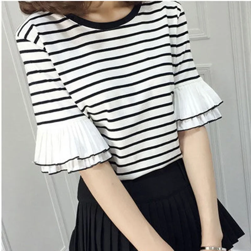 Fashion O-Neck Striped Flare Sleeve Blouse Women's Clothing 2023 Summer New Casual Pullovers Loose Office Lady Shirt