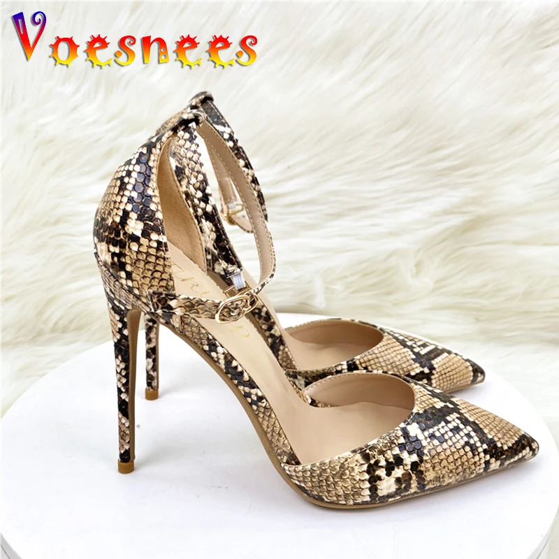 

Nightclub Sexy Serpent Print High Heels Summer Fashion Pointed Toe Thin Heeled Sandals 12CM Ankle Buckle Strap Party Women Shoes