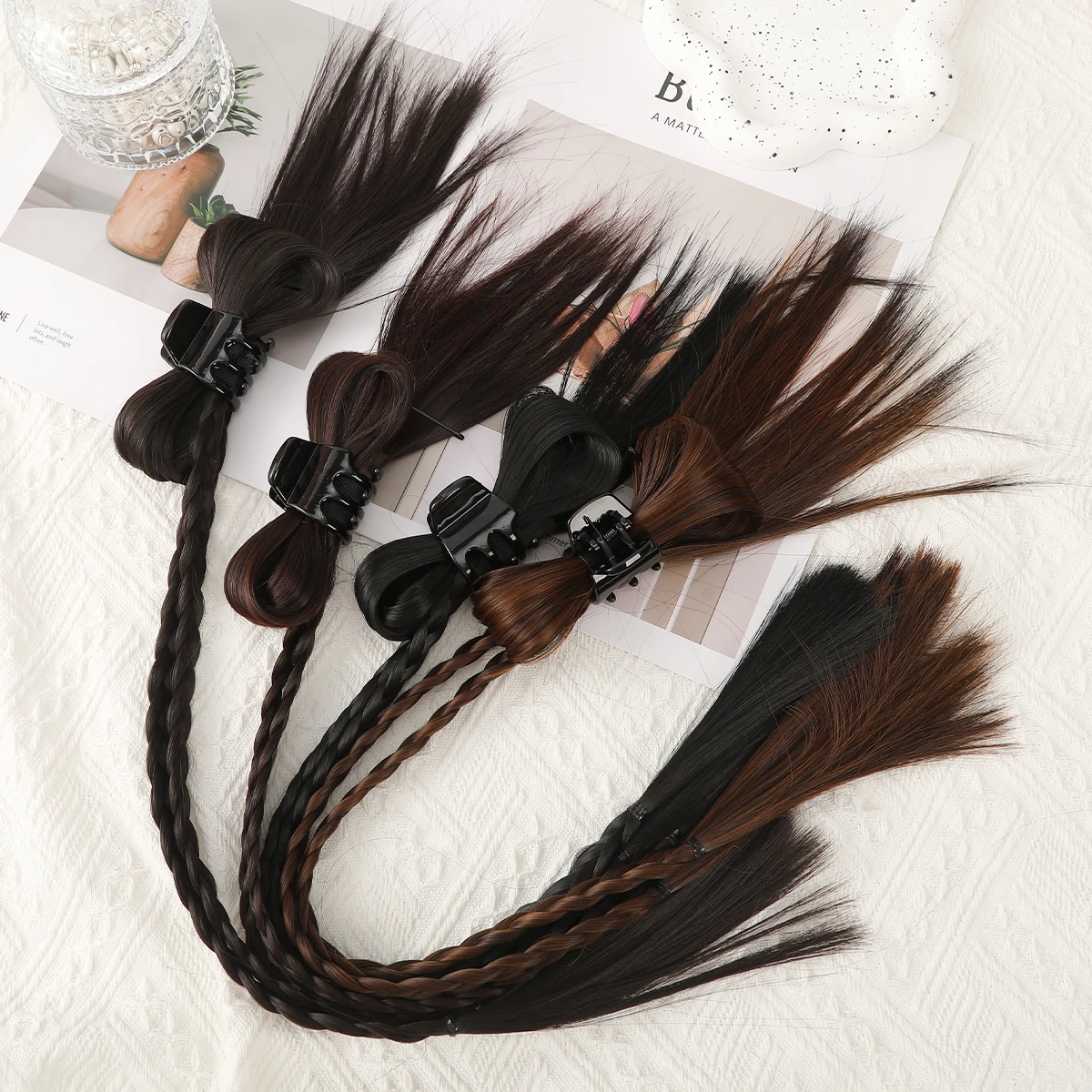 Y2k Wig Braids Hair Crab Clips For Women Hair Claw Hairpin Chicken Feather Boxing Braids Double Ponytail Hot Girl Dopamine Wig