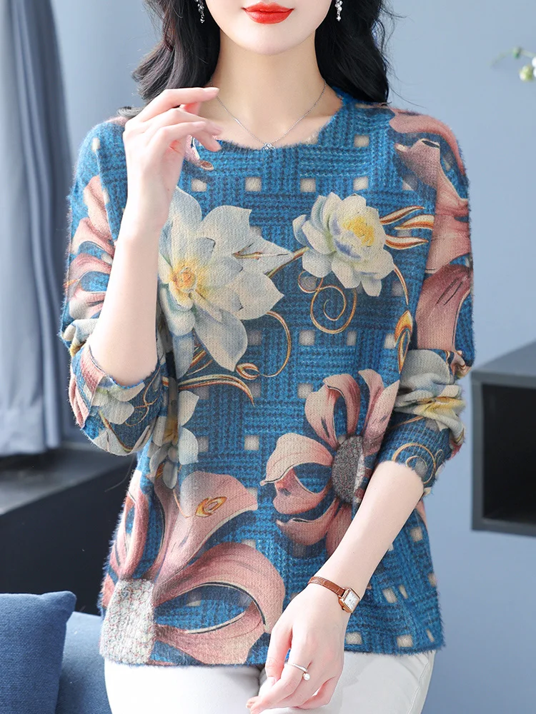 

Женский свитер с цветочным принтом, сезон весна-осень, Свободная Женская одежда, пуловер, топы, Женский Повседневный джемпер с длинным рукавом, свитер для женщин