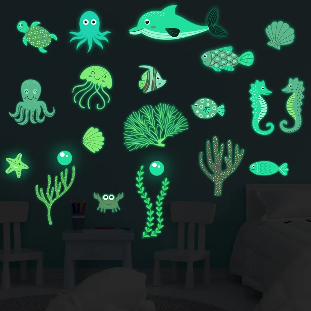 color Cartoon underwater world animals green light luminous stickers children's room kindergarten classroom luminous stickers luminous wall stickers fluorescent stickers