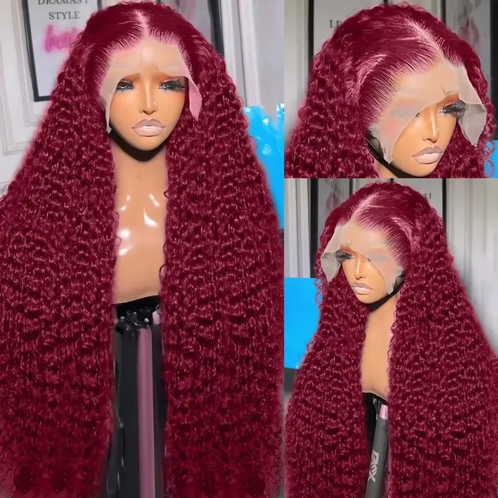 13x6 13x4 HD Deep Wave Lace Frontal Perücke 99J Burgunderrote Lace Front Echthaarperücken für Frauen, vorgezupfte Lace Front Perücke – Detail 7