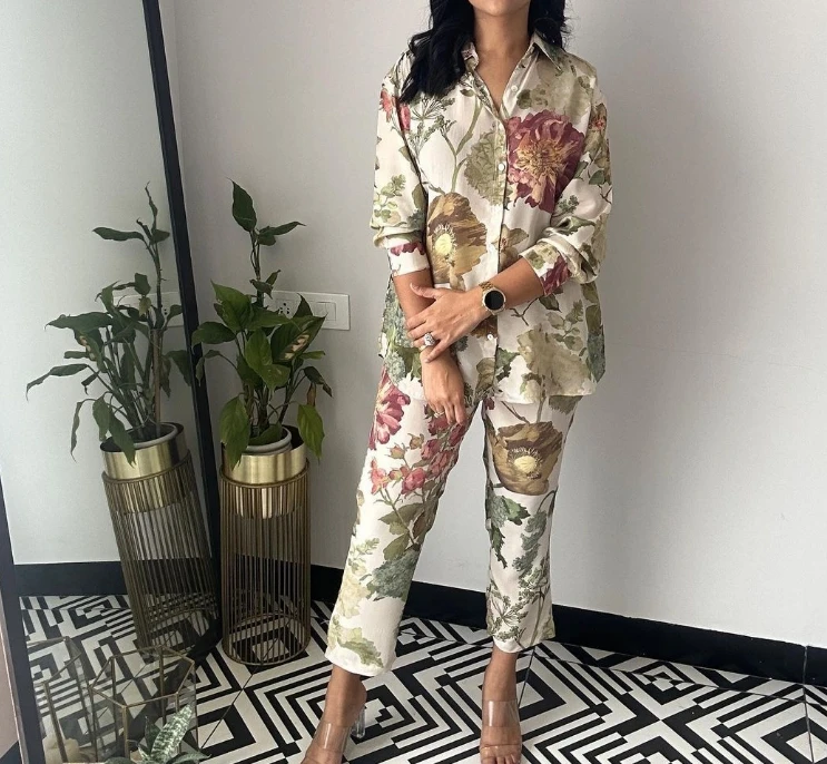 Fashion Pants Set for Women 2024 Spring Summer Shirt Cropped Pants Floral Print Two-Piece Set Elegant Female Clothing Outfitss