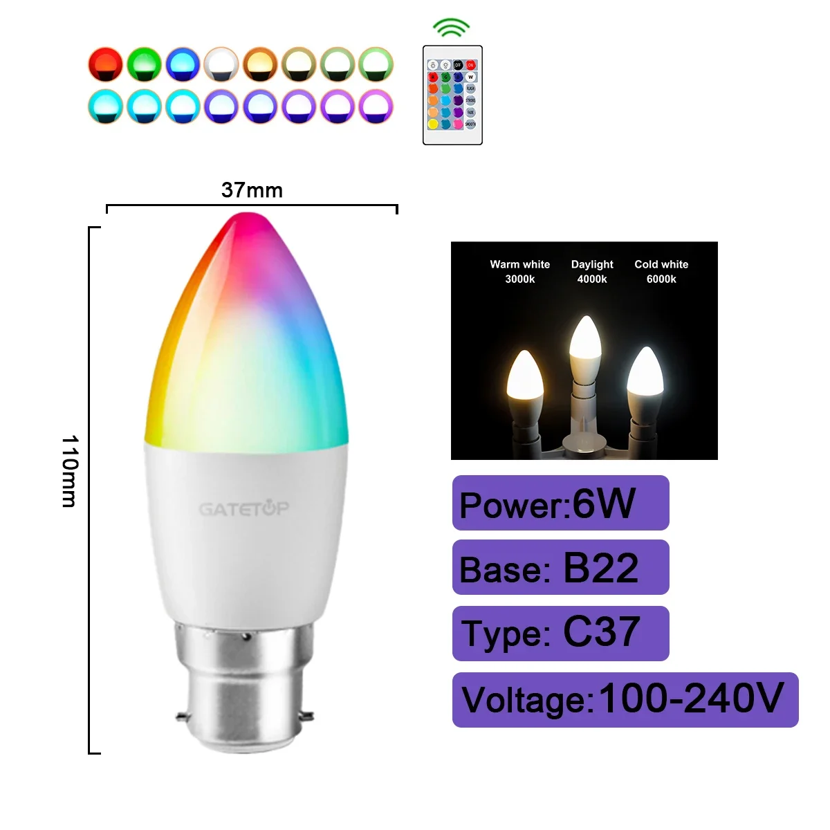 ตัวเลือกสินค้า หลอดไฟ RGBW สปอตไลท์ ปรับสีได้ พร้อมรีโมท E27 E14 B22 GU10