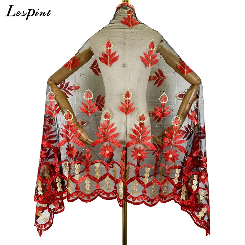 Muslim Scarf For Women Tulle Embroider Set Auger Hijab Scarfs 185x95cm Ramadan Shwal Wraps African Women Turban With Clip Hijab