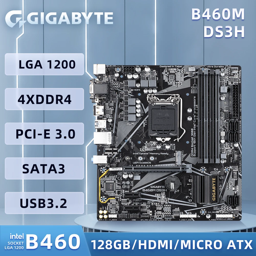 Scheda Madre Gigabyte Usata, B460M Ds3H, Supporto Scheda Madre Intel Core I9 Di Decima Generazione, Ddr4 Fino A 128 Gb 2Xm. 2 Sata 6 Gb/S Intel B460