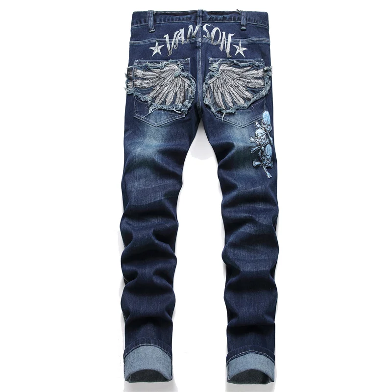 2024new back pocket embroidered jeans men's street cool fashion elastic straight Slim retro blue motorcycle trousers