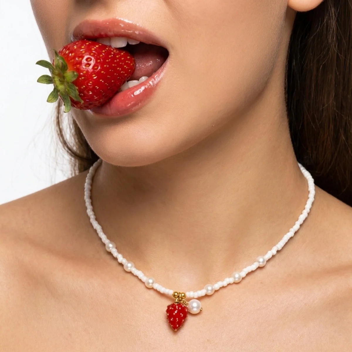 Reisperlen-Erdbeer-Anhänger-Halskette für Damen und Herren, süße, niedliche Kirsch-Herz-Schleifen-Quasten-Halskette, Y2K-Sommer-Modeschmuck