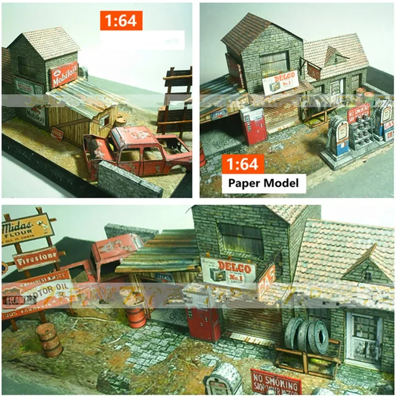 

Старая брошенная заправочная станция ручной работы в масштабе 1:64, модель бумажного гаража для модели песочного стола