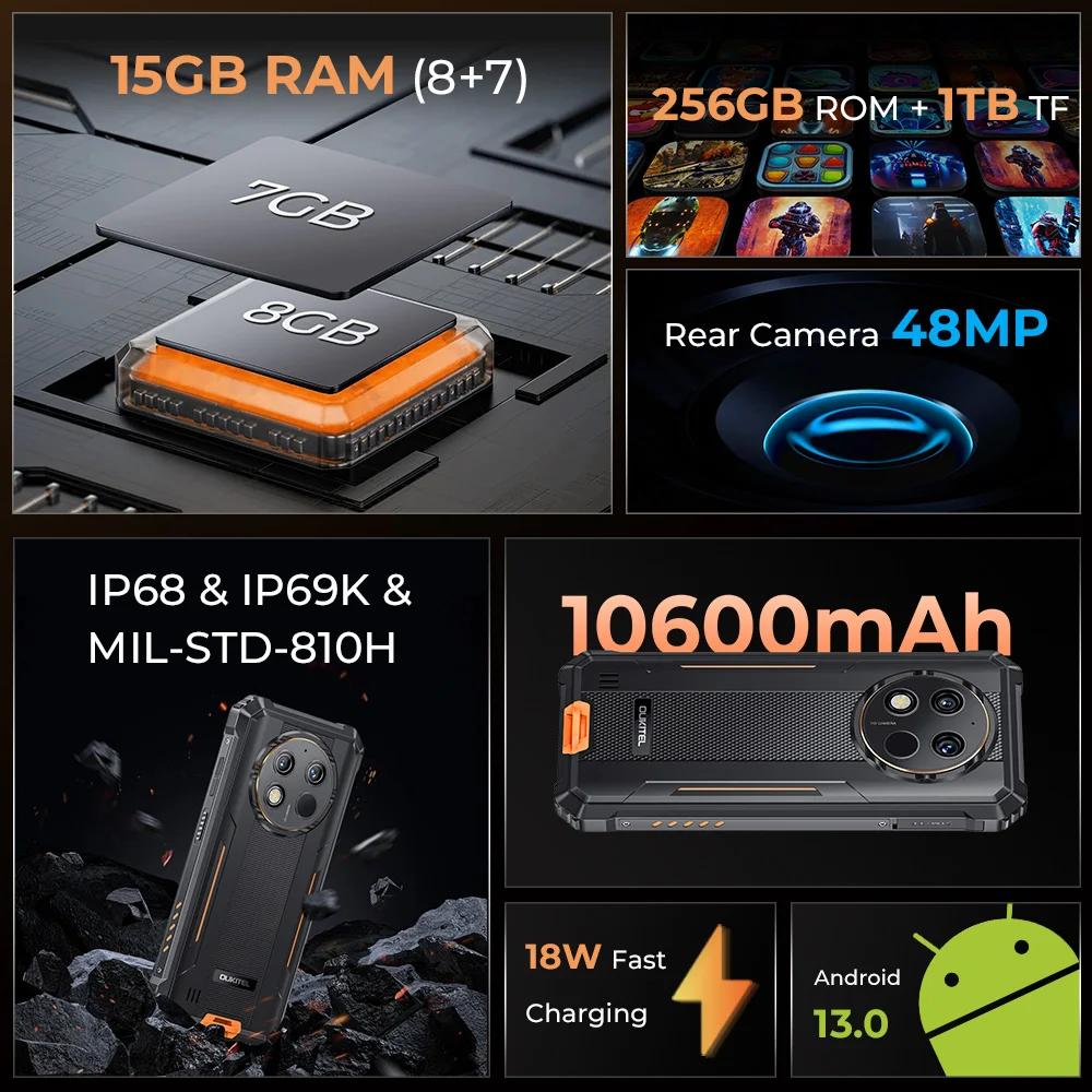 OUKITEL WP28 8GB 256GB Rugged Smartphone 10600mAh Android13 Mobile Phone 48MP Camera 6.52 Inch Display NFC Cellphones 2