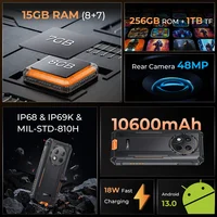 OUKITEL WP28 8GB 256GB Rugged Smartphone 10600mAh Android13 Mobile Phone 48MP Camera 6.52 Inch Display NFC Cellphones 2