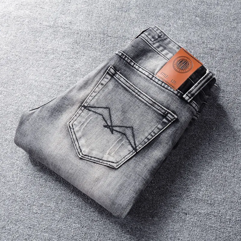 Fashion Designer Men Jeans High Quality Retro Gray Stretch Slim Fit Ripped Jeans Men Vintage Trousers Casual Denim Pants Hombre