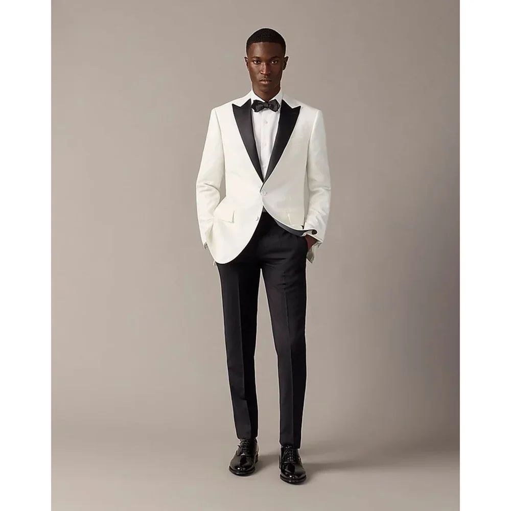 

Men's Suits White Blazer Black Pants Luxury 2 Piece Peak Lapel Two Button Slim Fit Tailor-Made Wedding Costume Homme