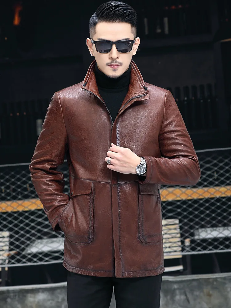 

Мужское кожаное пальто средней длины, пальто из натуральной овечьей кожи с воротником-поло, 2022