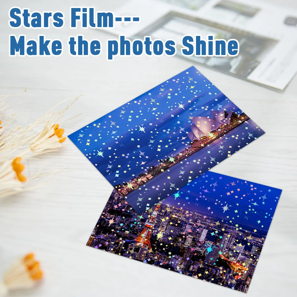 Adhesive Cold Laminating Film A4 Paper Holographic Film Stars Glass Heart Glitter to DIY Color Photo Laminating Lamination Film 50 Sheets