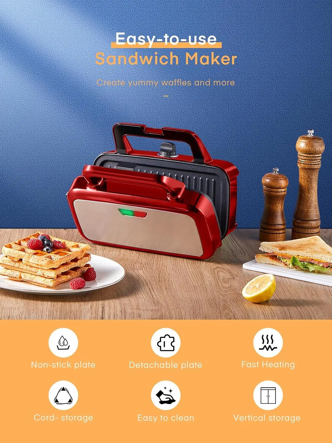 3 in 1 Waffle Maker with Removable Plates, 1200W Panini Press with Interchangeable Non-Stick Plates, Indicator Lights, NEW USA 6
