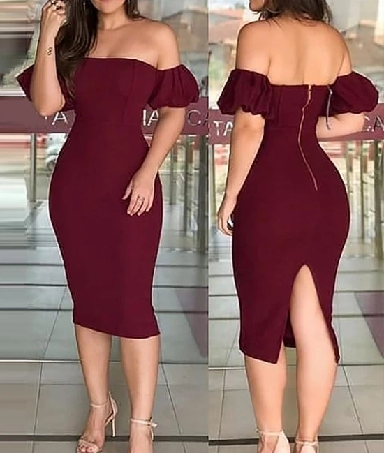 

Women's Red Sexy Off Shoulder Puff Sleeve Skinny Party Dress Temperament Commuting Women Fashion Zipper Design Elegant Dresses