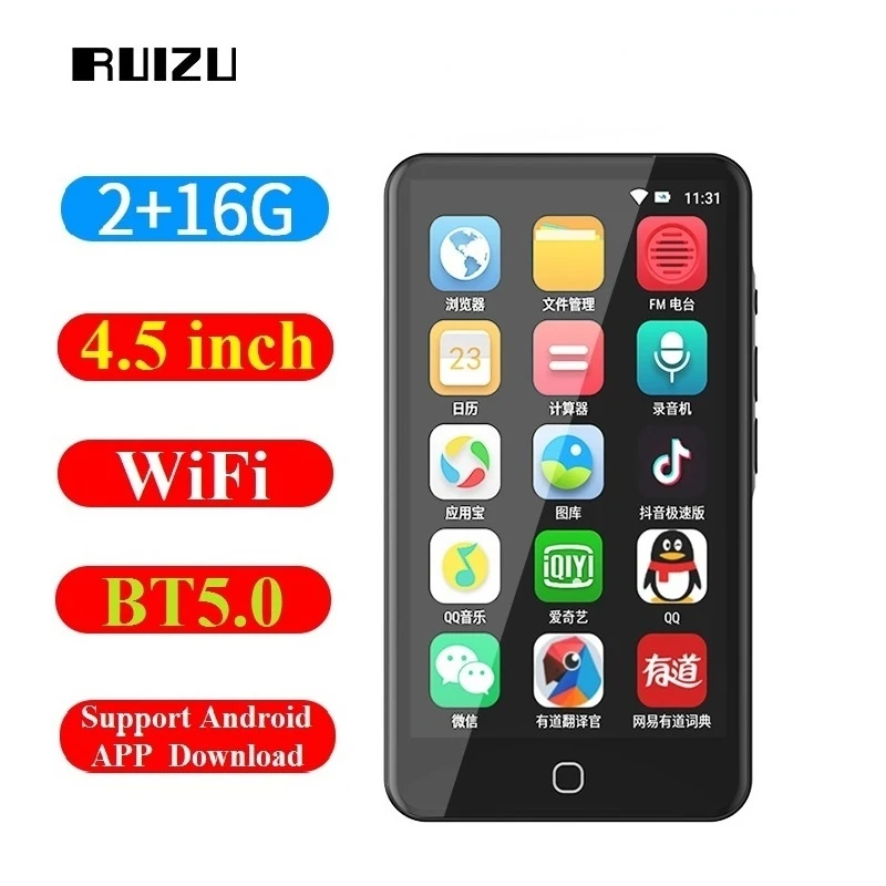 RUIZU H5 Android WiFi MP4 Player Bluetooth5.0 Full Touch Screen 4.5inch 16GB Music Video Player With FM,Recording,E-book mp4