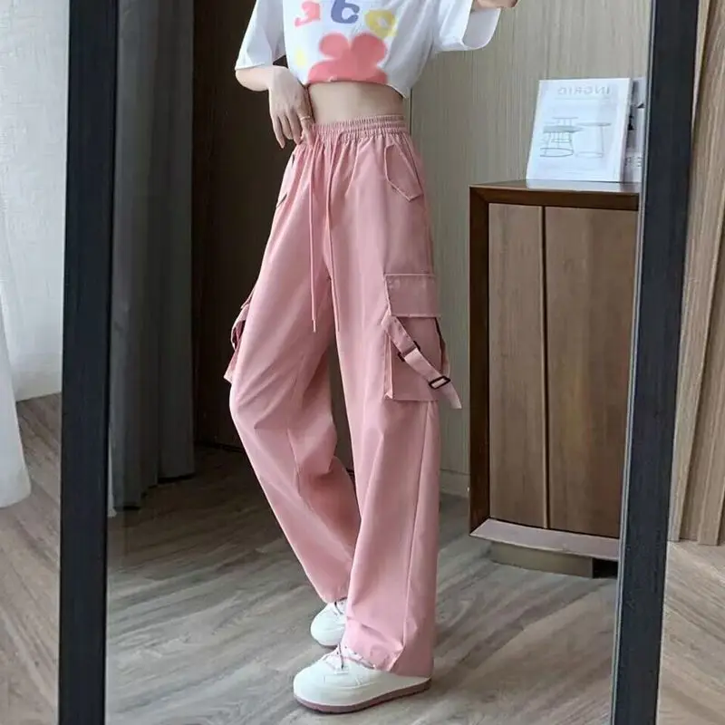 spicy girls american retro casual quick drying workwear pants women s solid summer high waist pocket show thin straight trousers Spicy Girls American Retro Casual Quick Drying Workwear Pants Women's Solid Summer High Waist Pocket Show Thin Straight Trousers