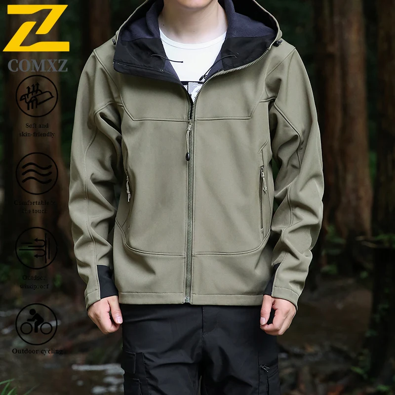 Men's Autumn Jacket Outdoor Waterproof Windbreaker Hooded Softshell Fleece Lined Tactical Coat for Hiking Camping Mountaineering