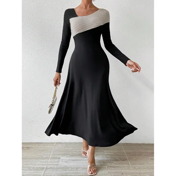 Mia Muse Women's Dresses Autumn Elegant Contrast Color Long Sleeve Round-Neck A-Line MIDI Work Dresses