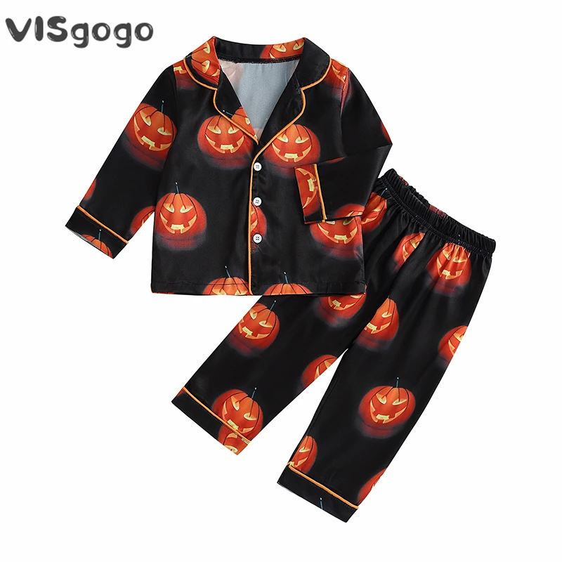 

VISgogo Toddler Boys Fall Pajamas Set Long Sleeve Pumpkin Print Shirt Elastic Waist Pants Halloween Party Costumes Sleepwear Set