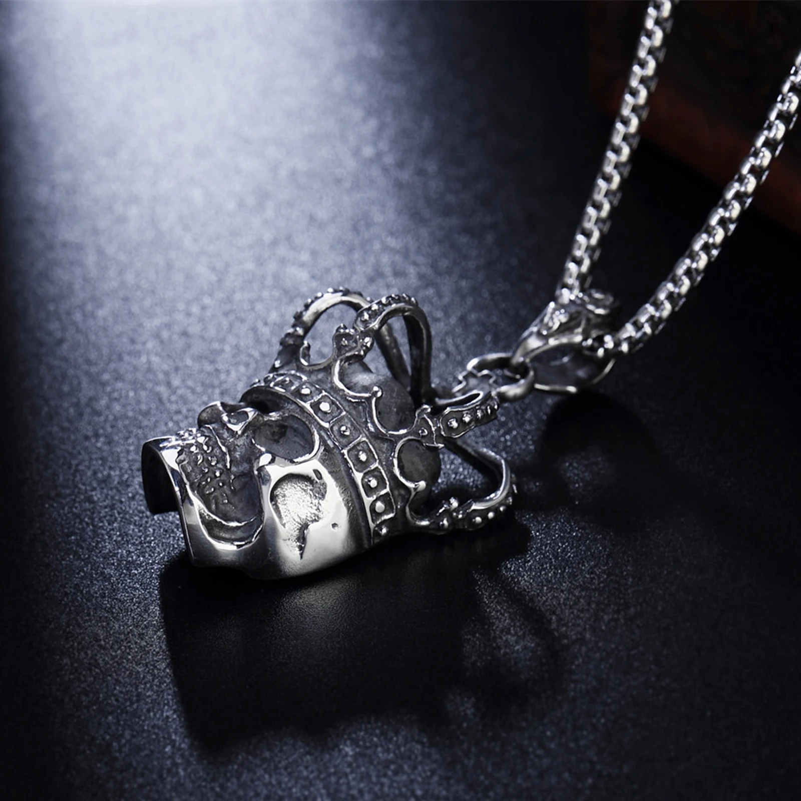 Unisex Viking Retro Crown Skull Stainless Steel Pendant Necklace Punk Biker Jewelry