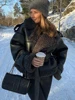 Vintage Patchwork Fur Leather Coats Women Lapel Lace Up Long Sleeve Thicken Warm Jacket 2025 Winter Lady New Streetwear Overcoat 2