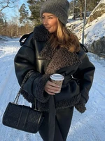 Vintage Patchwork Fur Leather Coats Women Lapel Lace Up Long Sleeve Thicken Warm Jacket 2025 Winter Lady New Streetwear Overcoat 2