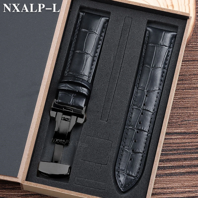 Luxurious Genuine Leather Watch Strap with Elegant Butterfly Clasp and Wooden Gift Box
