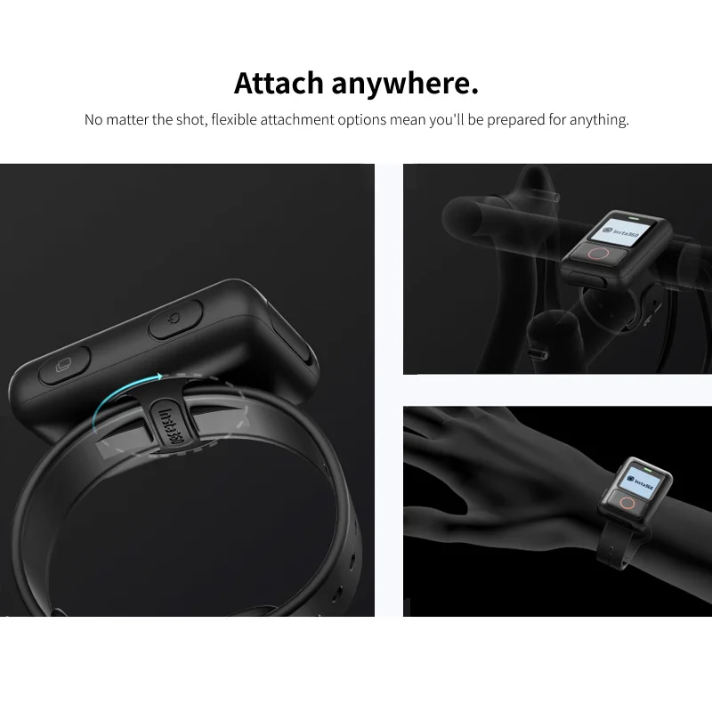 Télécommande GPS pour caméra d'action Insta360, montrant son design compact et sa fixation, sur un fond gris.