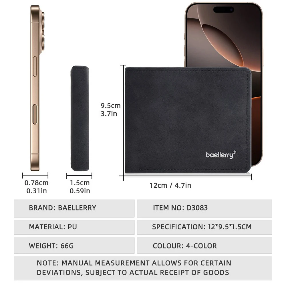 Baellerry Men's Pu Wallet, Anti - Demagnetization, 7 Card Slots + SD Slot, 2 Cash Compartments, Compact Bifold Purse for ID/CC