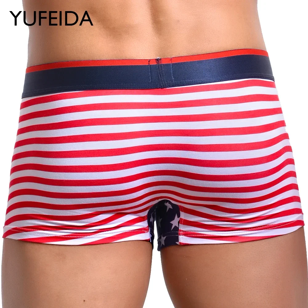 YUFEIDA Fashion USA Flag Printed Underwear Mens Boxers Sexy Shorts U Convex Pouch American Flag Stripe Male Breathable Underpant