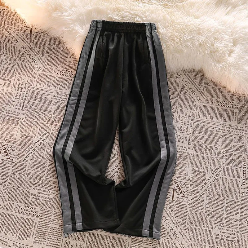 Spring Autumn New Contrast Straight Pants Elastic Waist Striped Patchwork Loose Wide Leg Pants Fashion Trend Women Clothing