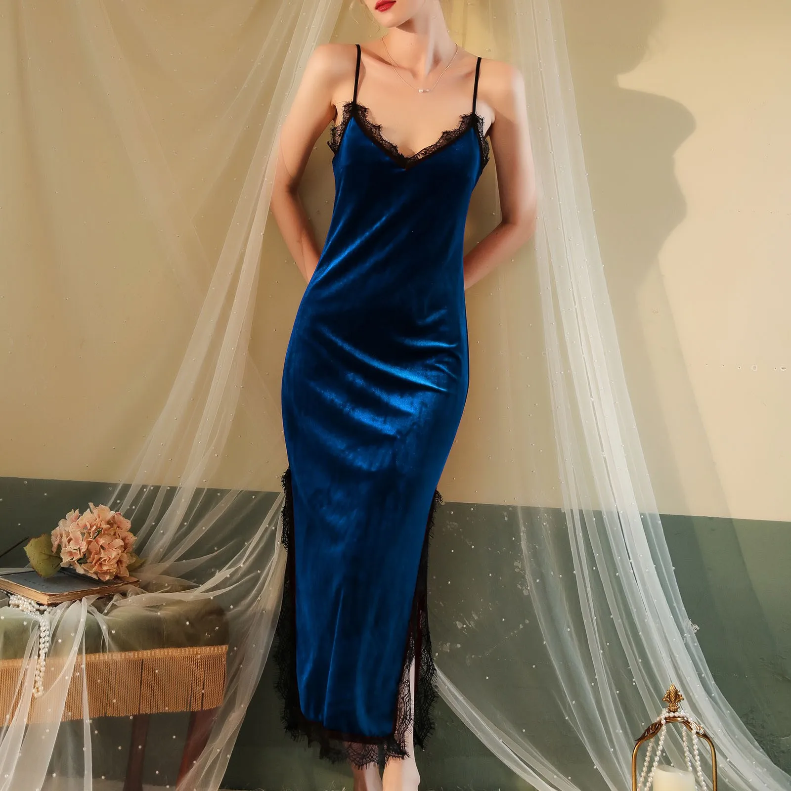 Velvet Night Dress Women Sleeveless Autumn Winter Lace Patchwork Sling Long Home Sleepwear Nightgown Dress Intimates Nightdress