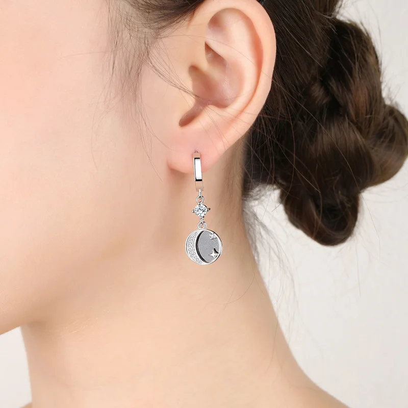 

starmoon Gift Moon Star Real 925 Sterling Silver Drop Earrings For Women Vintage Crystal Dangler Jewelry Girl