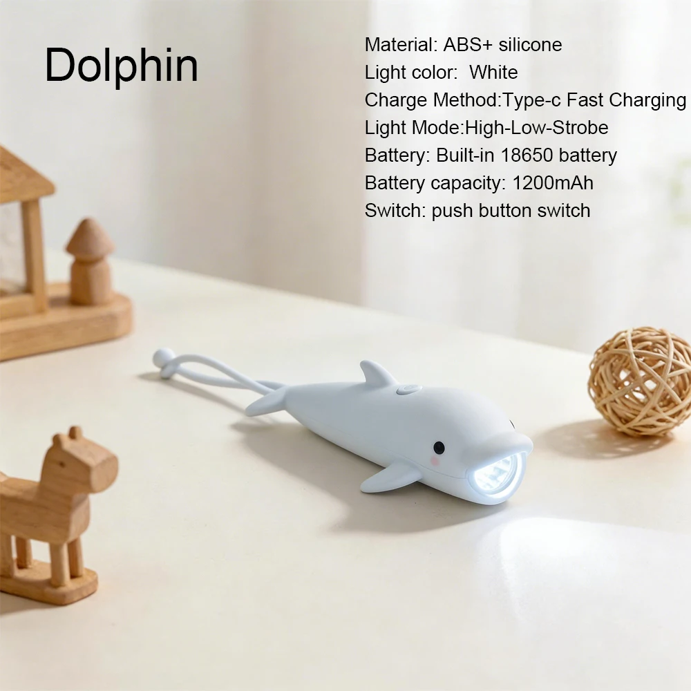 어린이를위한 귀여운 돌고래 LED 손전등 부드러운 실리콘 동물 야간 조명 USB 충전식 미니 휴대용 조명 안전 장난감 선물