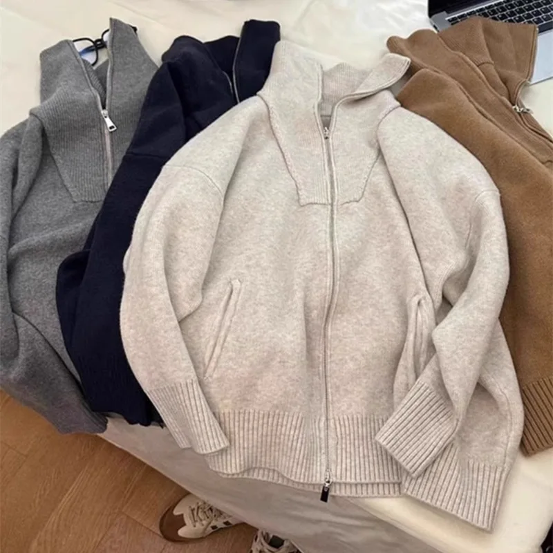 Women Thick Long Sleeve Zip Up Vintage Knitted Sweater