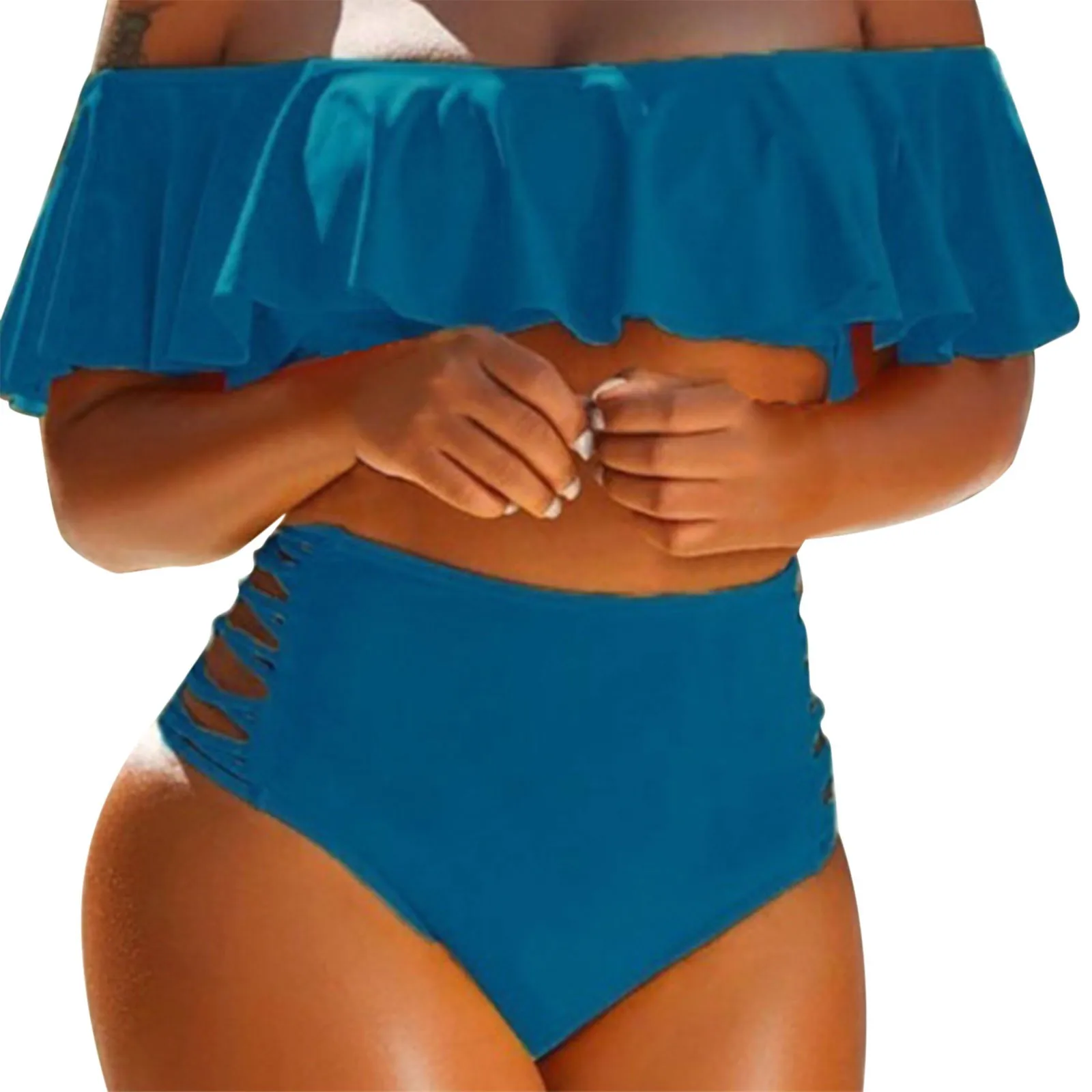 

Large Size Women'S Swimsuit Summer Bikini Off Shoulder Ruffles High Waist Beach Cover Ups Ladies Biqini Solid Beachwear 2023